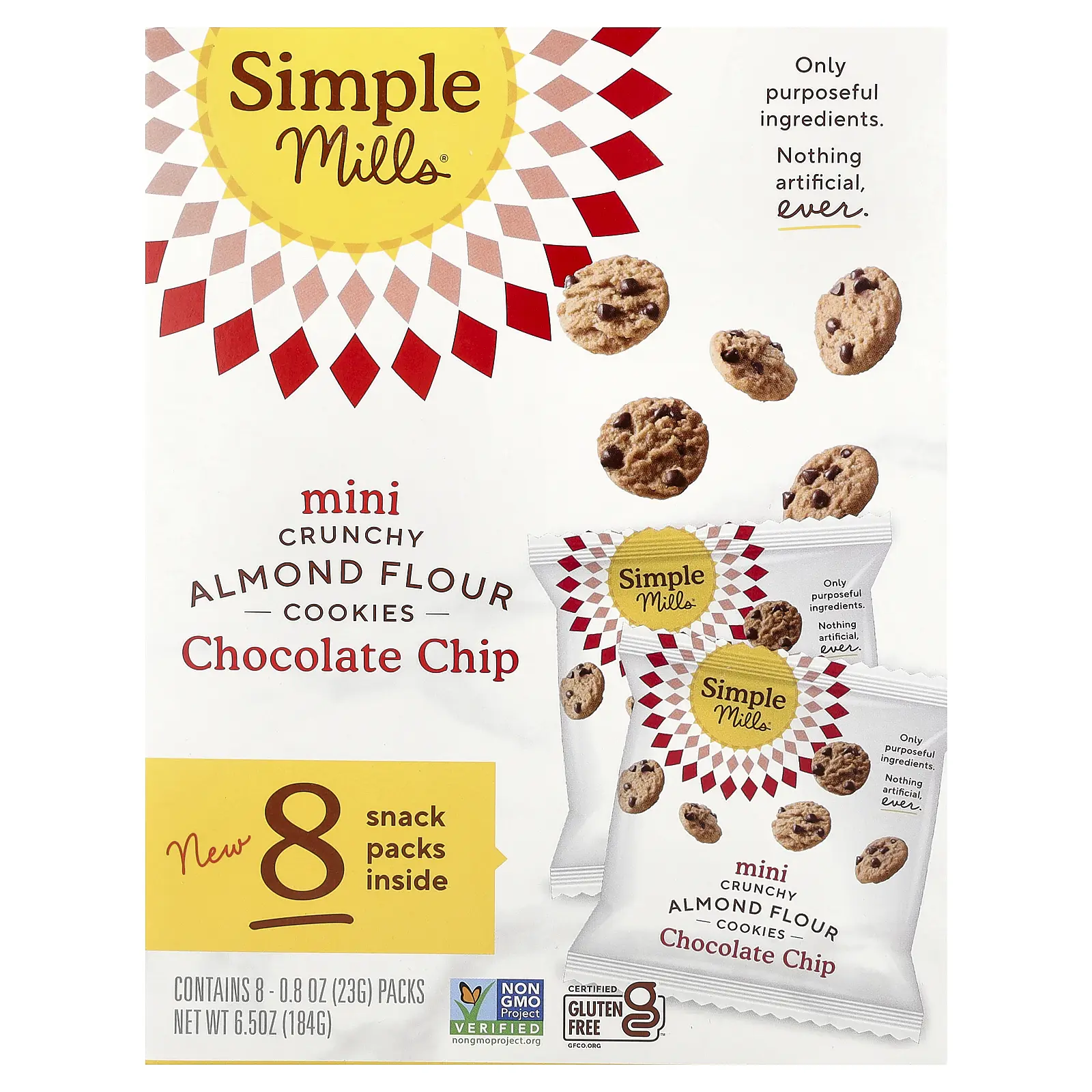 Simple Mills Mini Crunchy Almond Flour Cookies, Chocolate Chip, 8 Packs, 0.8 oz (23 g) Each