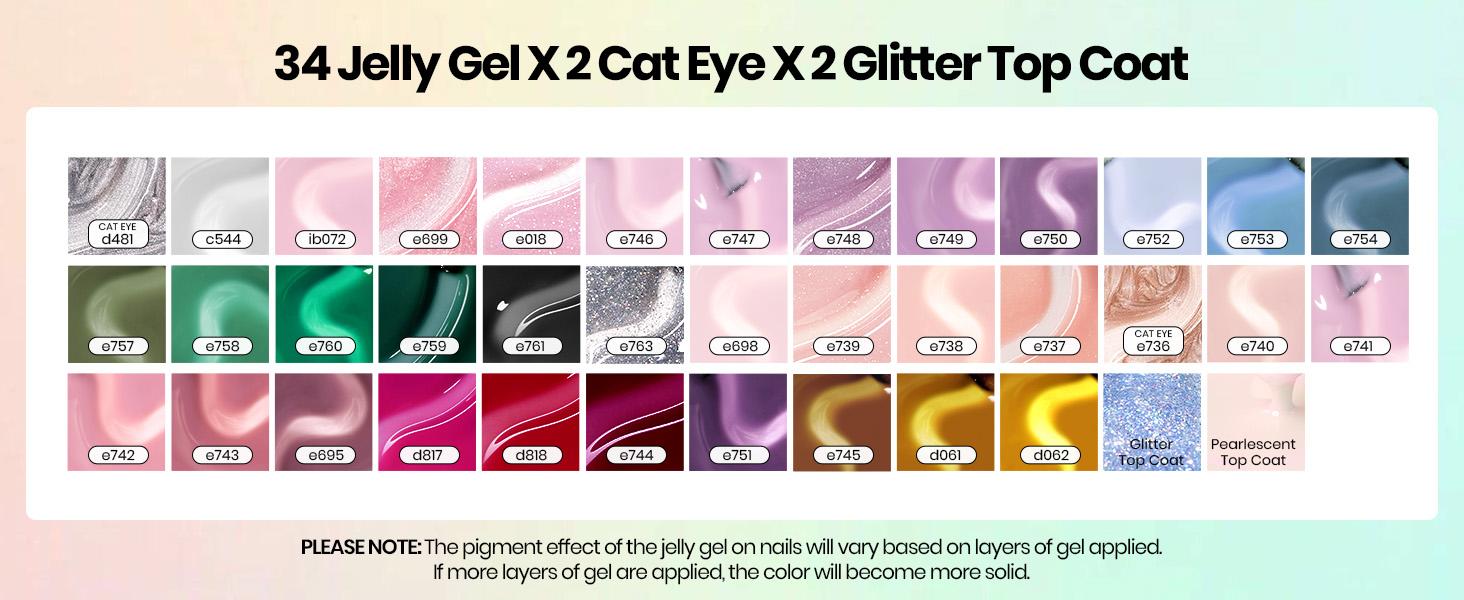 beetles Jelly Gel Polish Set, 36Colors Jelly Pink Milky with Base Coat Glitter Top Matte & Stars Top Coat Red Crystal Ice Collection DIY at Home Nails Salon Gifts for Her Manicure Cosmetic Easter'sGift Cutics