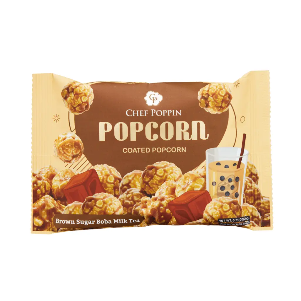 Gourmet Coated Popcorn Snack - Chef Poppin Brown Sugar Boba Milk Tea Flavor, Crunchy-Chewy, Corn Kernels Base, Maltose Syrup, Ambient Storage, Antioxidant-Infused, Party Snacks, Sweet and Salty, Watch Party, Low Processed Sugar, All Ages, 20g, Chewy Flavo