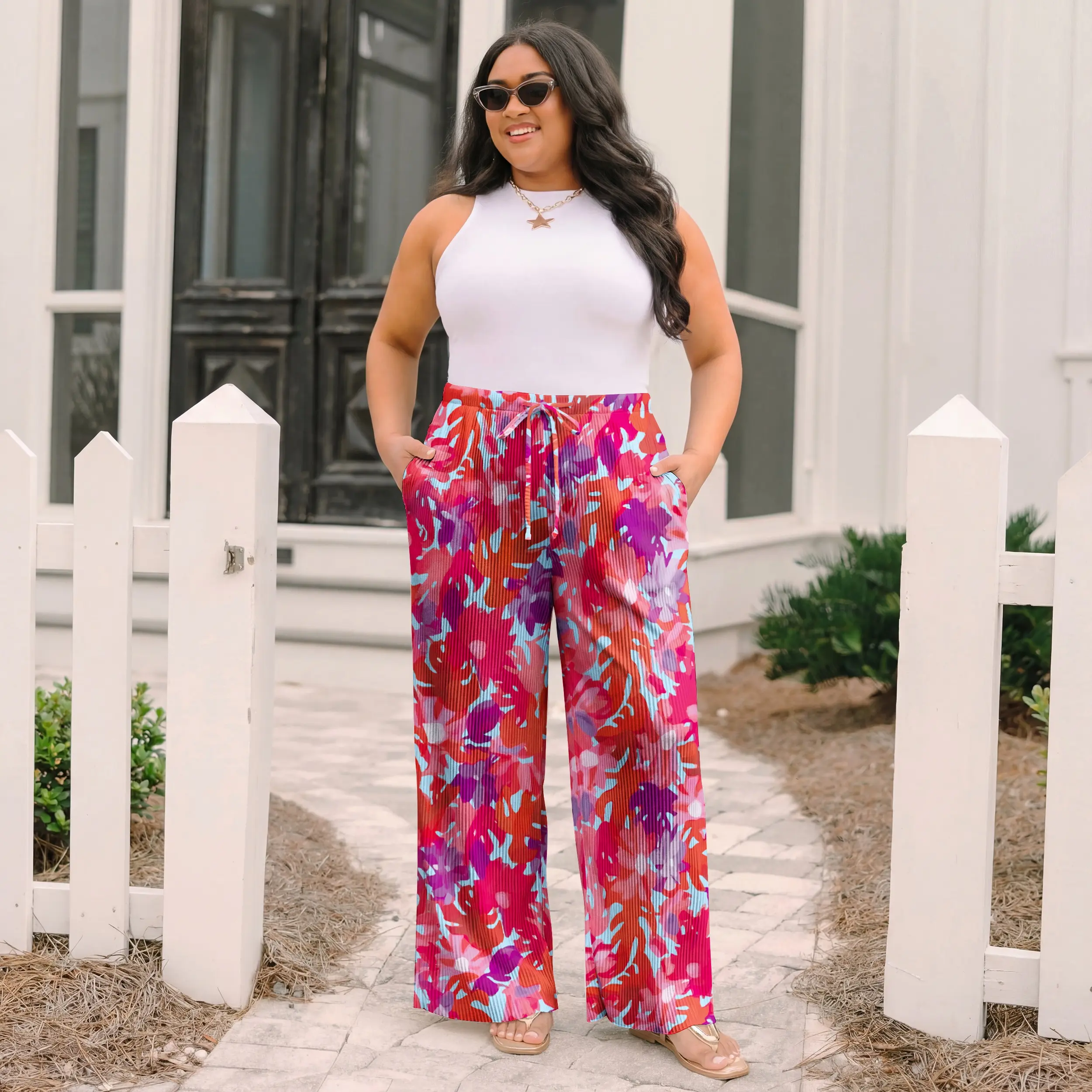 Women's Plus Size Palazzo Pants High Waisted Wide Leg Trousers - Berry Botanical Print