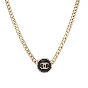 Pre-owned Chanel Gold Tone Curb Chain Choker with Black Crystal CC Button JLT001814