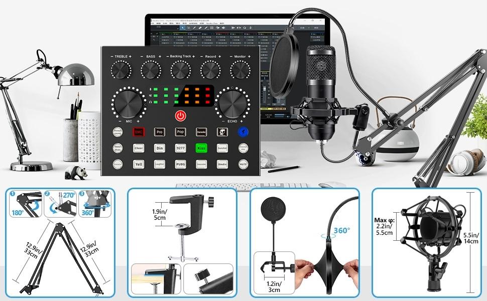 Safring Podcast Equipment Bundle, BM800 Podcast usb rechargeable Microphone Bundle with V8s Voice Changer, Condenser Microphone Recording Studio Package for Podcasting Live Streaming Singing PC Mobile TikTok YouTube dynamic mic sound card desk clamp
