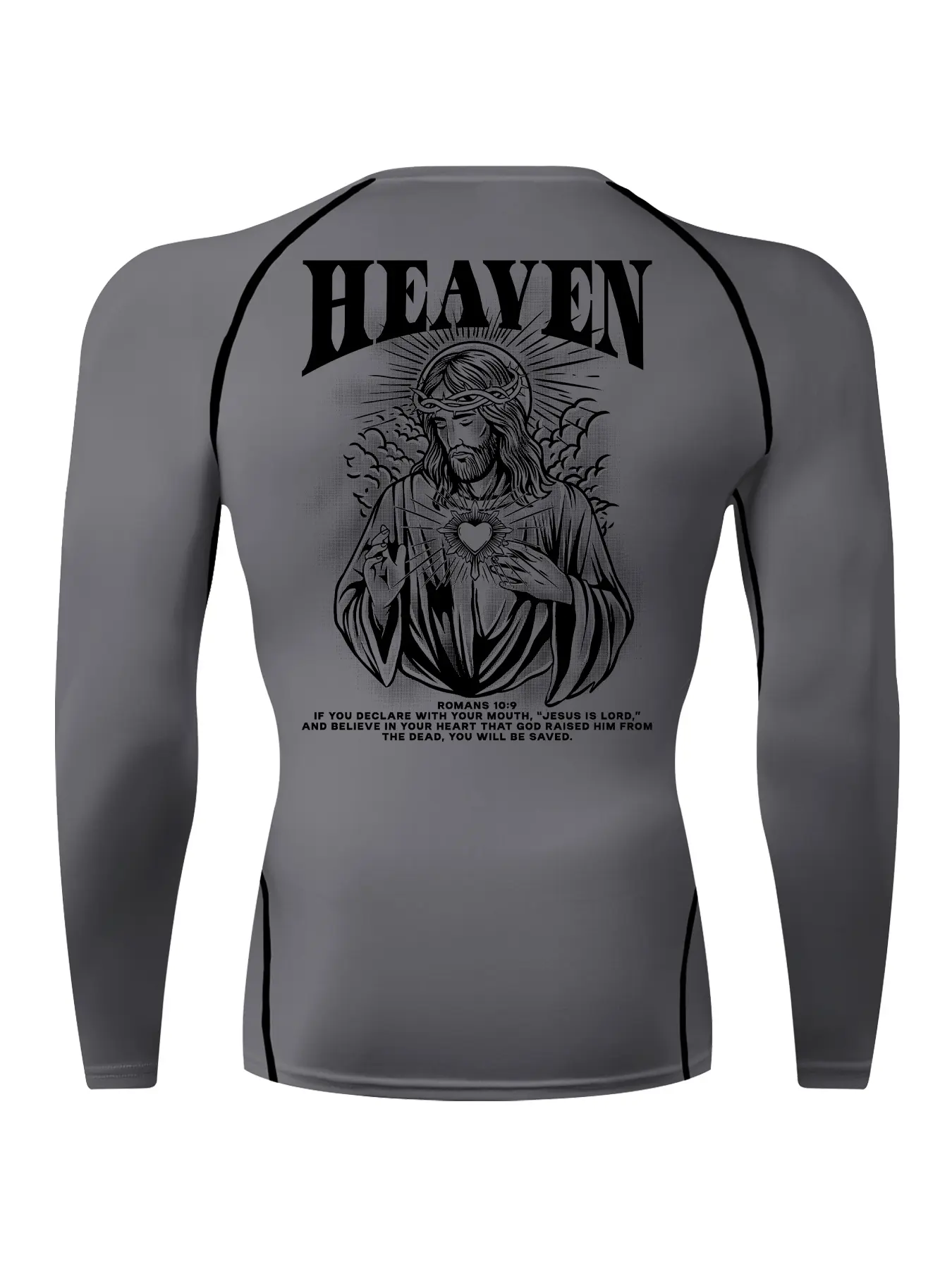 Heaven Jesus Graphic Print Long Sleeve Compression Shirt for Men, Gym Workout Fitness Training Running Tight-Fit T-Shirt, Athletic Quick-Dry Stretchy Baselayers Undershirts Top, Spring & Fall Sportswear Activewear