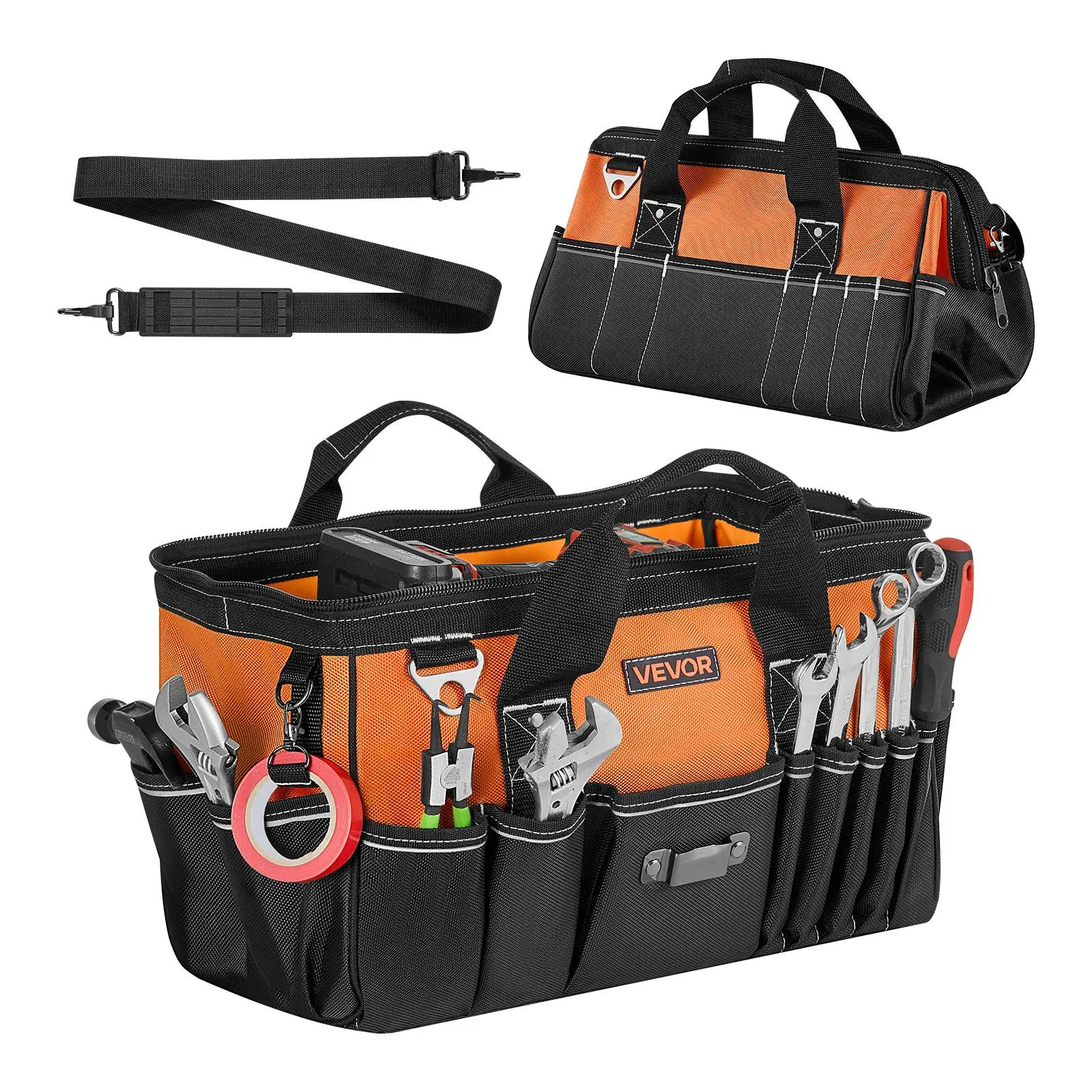 VEVOR 15.7-Inch Tool Bag with 33 Multiple Pockets, Dirt-Block ft, Steel Rivets, Soft Handle, Large Zippers, Adjustable Shoulder Strap, Comfortable & Long-Lasting Men's Work Organizer for Repair, Father's Day Gifts, 30Lb, Dirt‑Block Feet