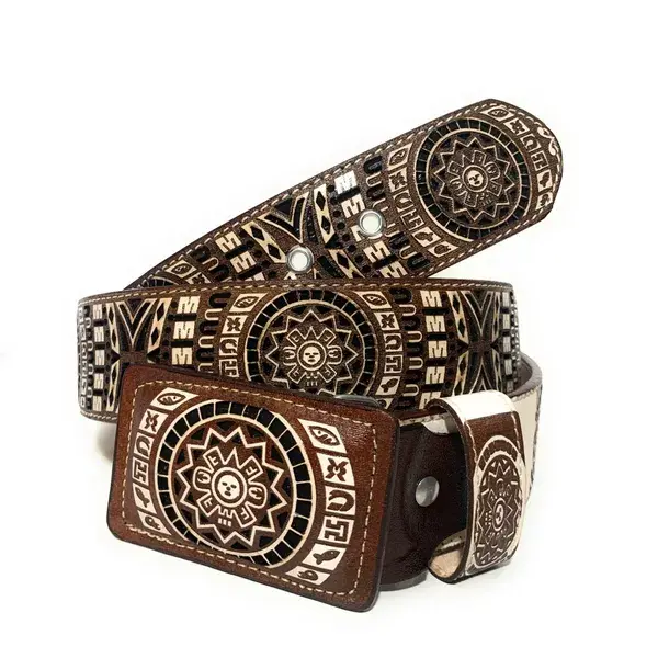 MEN'S AZTEC CALENDAR WESTERN LEATHER BELT. CINTO VAQUERO CALENDARIO AZTECA