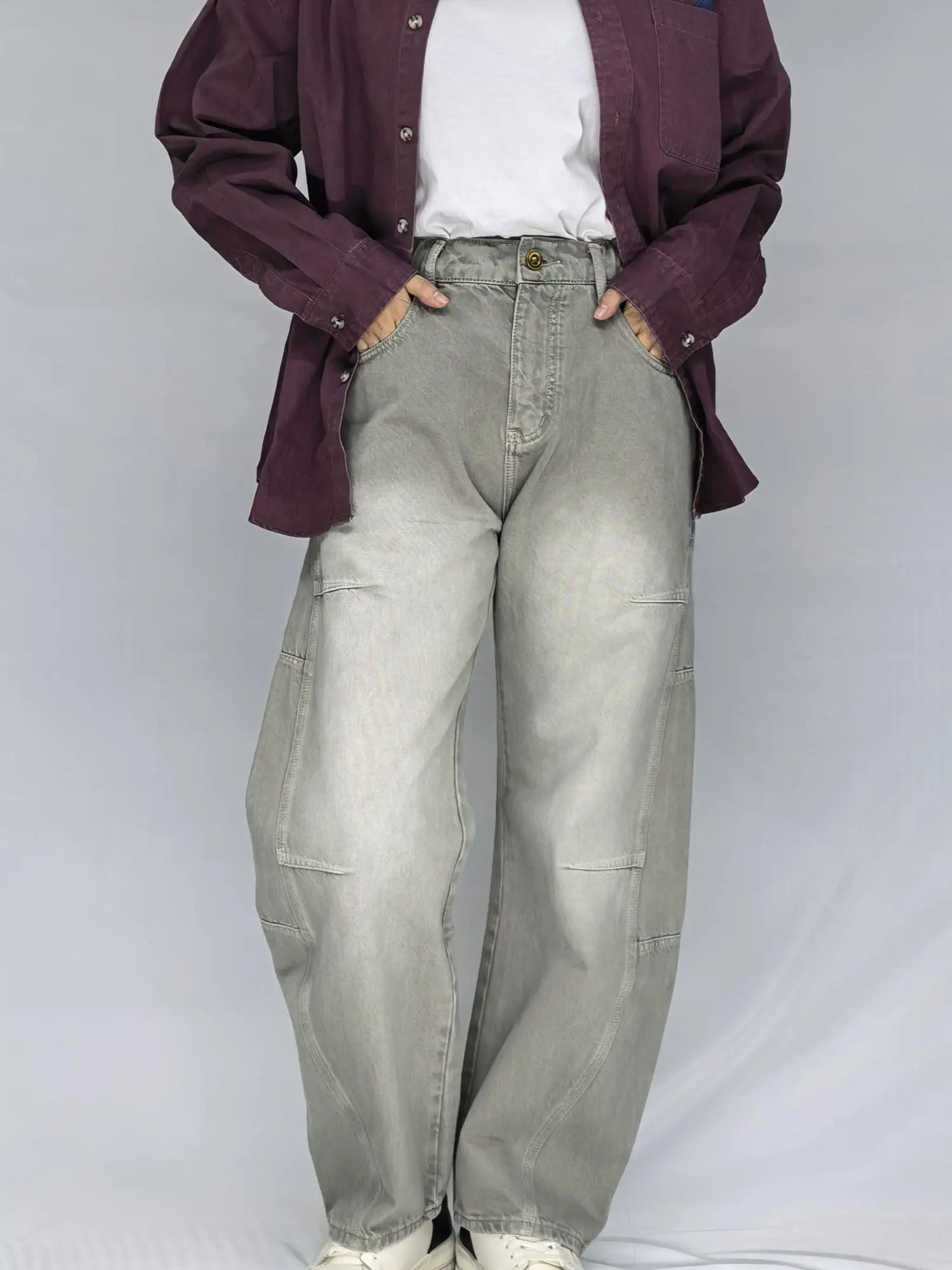 Lux Lee Women's Minimalist Jeans in Vintage Washed Gray, 100% Cotton Loose Tapered Leg Bottoms with Drawstring Elastic Waist for Casual Street Style, Basic, Comfy For All-Day Casual & Street Style, Loose-Fit, Normal Type, Streetwear, Denim, Pants, Denim J