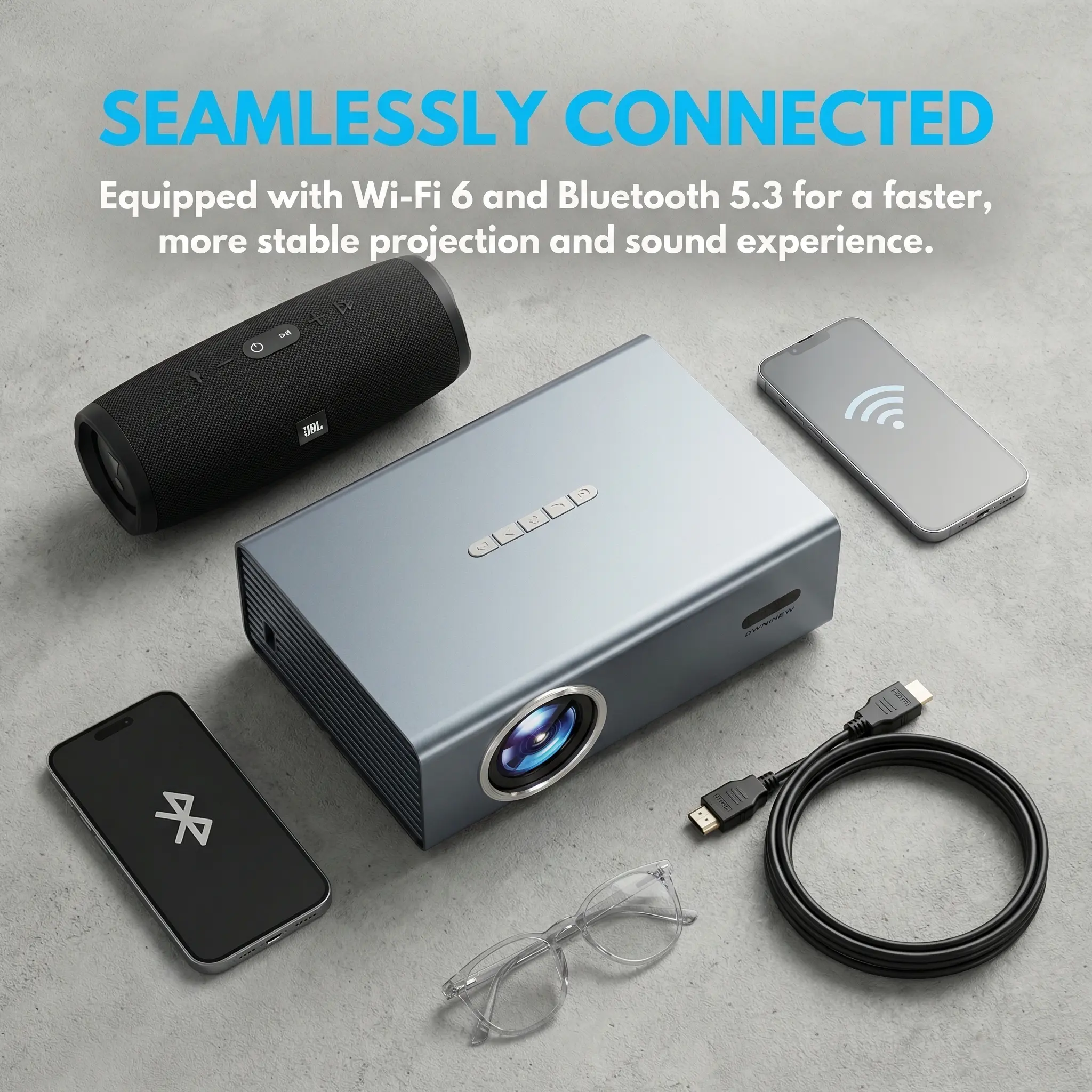 Summerwins 4K Portable Projector with WiFi 6, Bluetooth 5.3, 22000 Lumens, Auto Keystone, Electric Focus & Audios for Home Theater, Bedroom