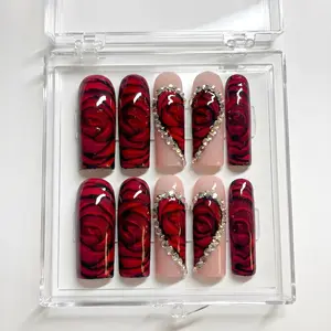 Luxury Red Rose Press On Nails | Crystal Heart Floral Acrylic Nail Art | Elegant Handmade Valentine Nails for Date Night, Wedding or Gift