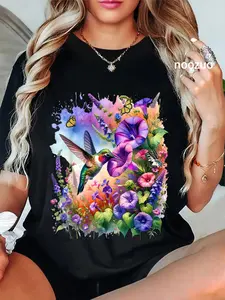 100% Cotton Ruby Throated Hummingbird With Wild Flowers and Butterflies T-Shirt