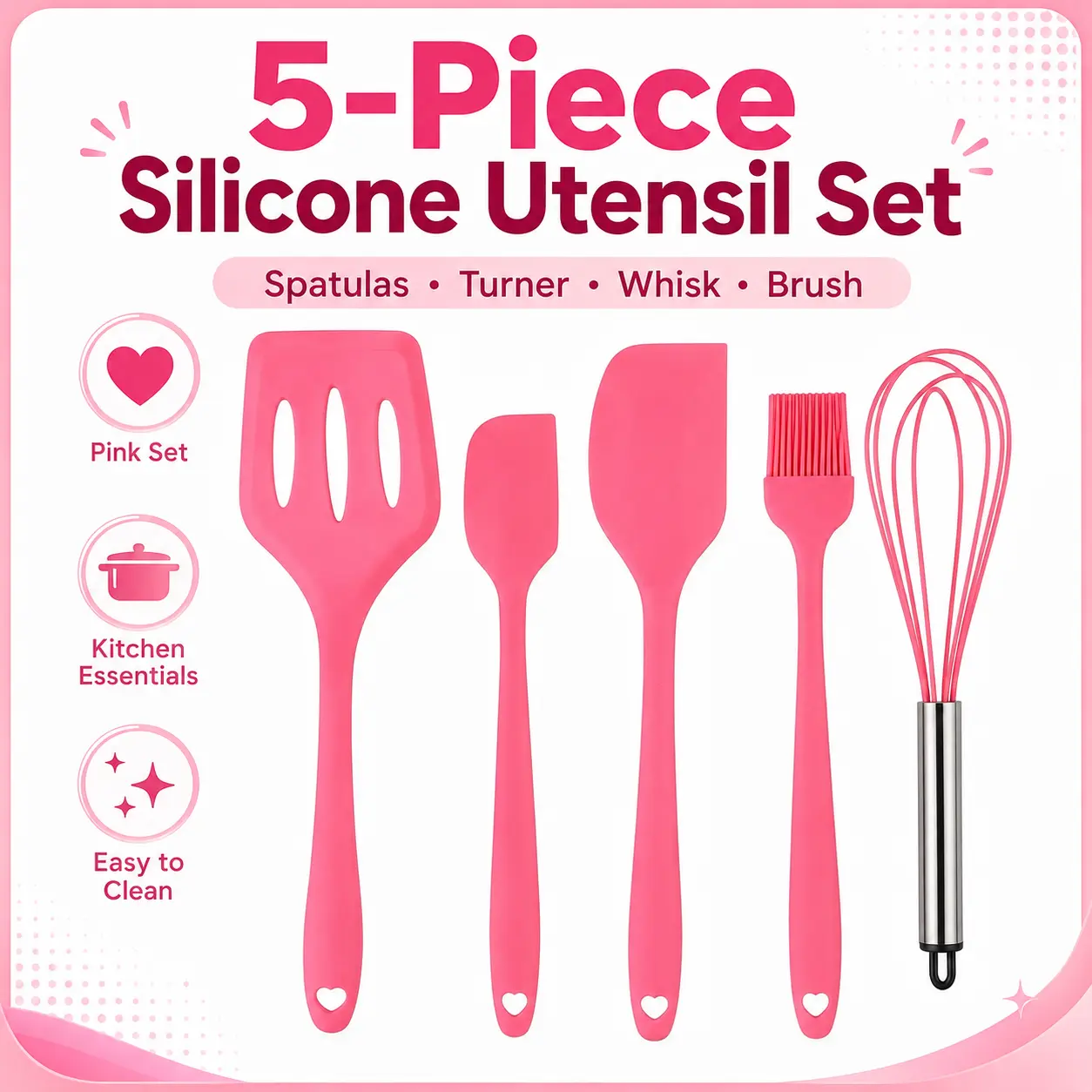 5-Piece Silicone Kitchen Utensil Set – Spatulas, Turner, Whisk & Brush