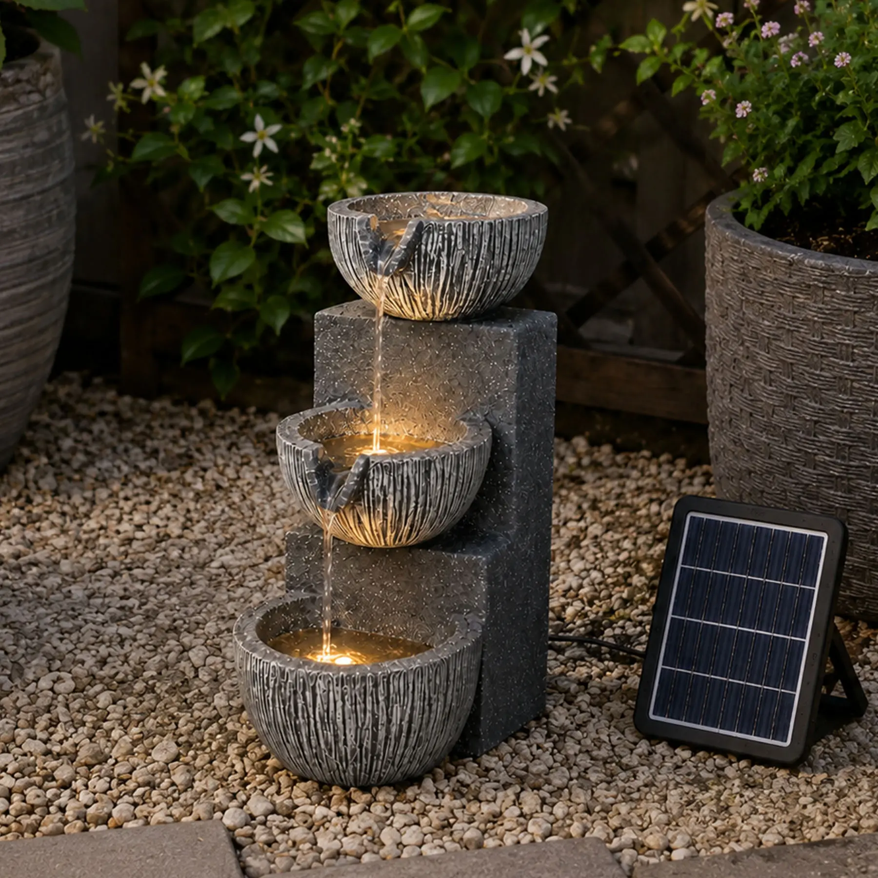 3-Tier Stone Texture Outdoor Garden Fountain, Sun-Powered Solar Panel Equipped Auto-Recirculating Water Feature for Home Improvement Garden Decor Supplies, Garden Fountains Outdoor, Sun-Powered Fountains