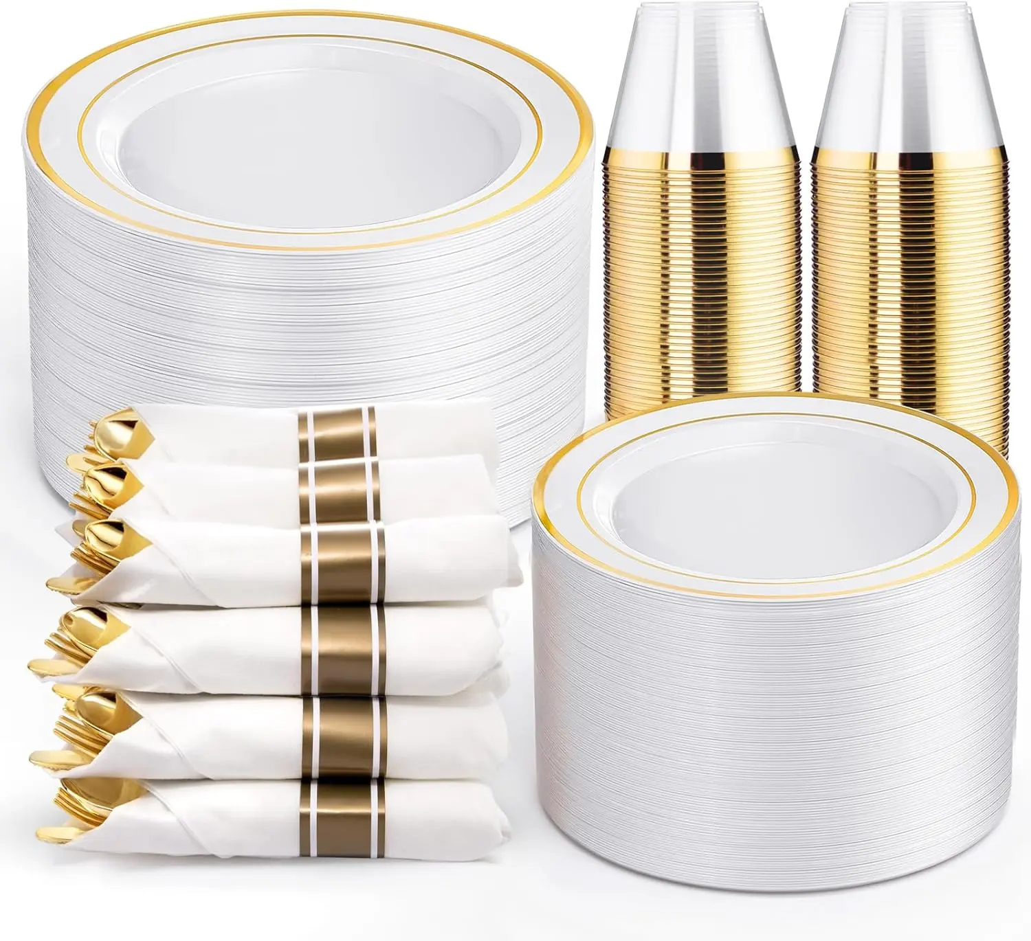 WELLIFE 350Pcs Round Gold Disposable Tableware Supplies - Dessert Plates Disposable, Gold Party Utensils, Napkins, Cups (Serves 50 Guests, Food Grade for Christmas, Weddings), Silverware