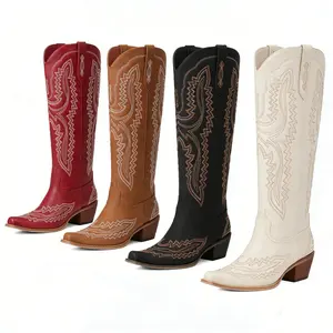 Western Brand Women's Cowboy Boots Cowgirl Knee High Pointed Toe with Embroidered Design for Stylish Outfits