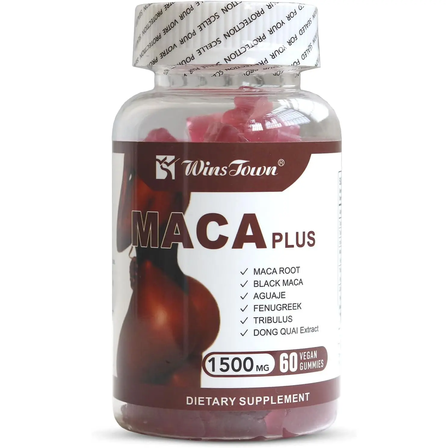 Wins Town Maca Plus Natural Dietary Supplements with Natural Ingredients - 1500mg Enhancer, Black Maca Root, Dong Quai Extract, 60 Vegan Antioxidant Edible Gummies