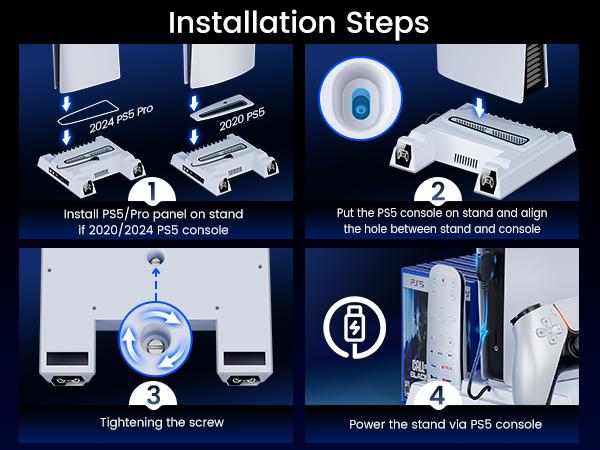 ESYWEN PS5 Cooling Fan Dock & Charging Station with Turbo Fan, 6 Game Card Slots, Dual Controller Charger, RGB Lights, Remote Holder, Compatible with PS5 2020/2023 Slim/2024 Pro Models (Disc & Digital)