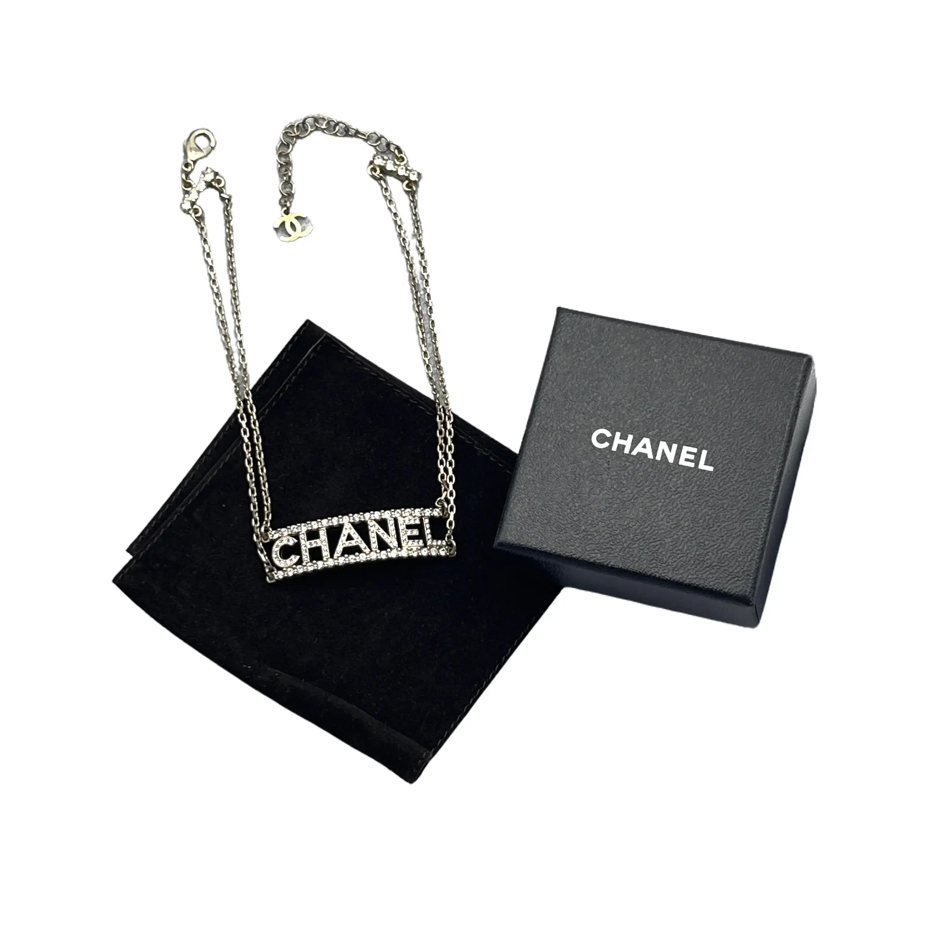 Pre-owned H1 CHANEL Logo Rhinestone Necklace Double Layer Thin Chain Silver vvvvv