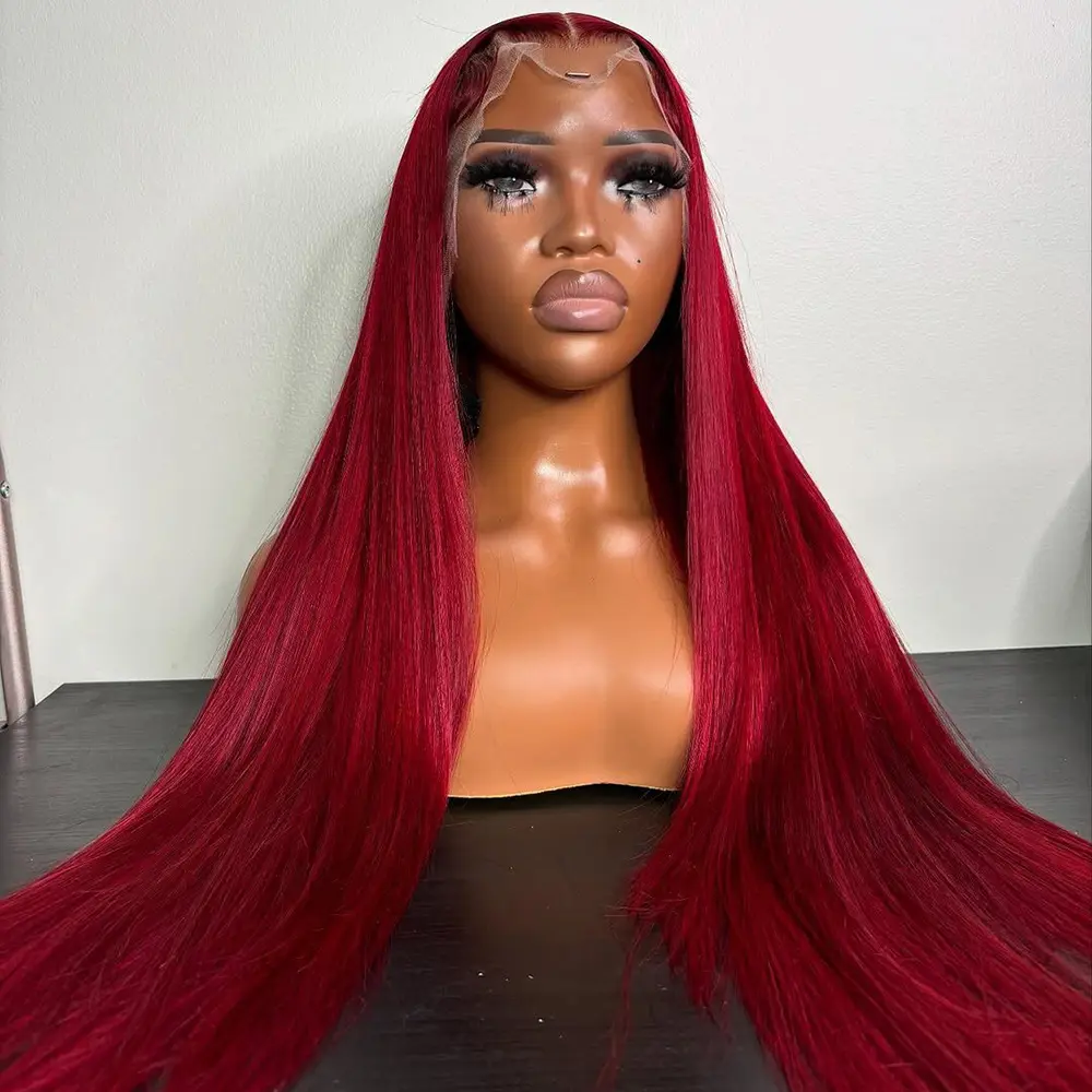 Straight Red Highlight Balayage Colored Lace Frontal Human Hair Wigs Lace Front Wig Pre Plucked Red Highlight 13X6 HD Transparent Lace Pre Plucked For Women 180% Density