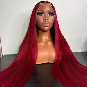 Straight Red Highlight Balayage Colored Lace Frontal Human Hair Wigs Lace Front Wig Pre Plucked Red Highlight 13X6 HD Transparent Lace Pre Plucked For Women 180% Density