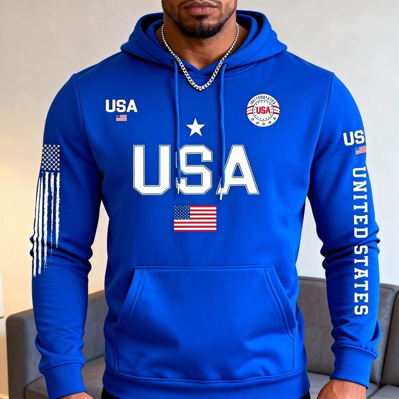Trendy USA Graphic Hoodie for Men Multi-color Loose Fit Sports Hooded Top with American Flag Detail