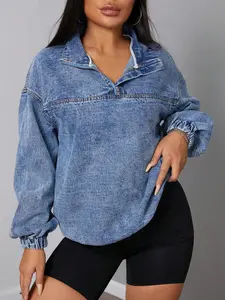 Loose And Casual Denim Jacket For Women, With Dropped Shoulder Design And A Half Zipper. Pullover Denim Sweatshirt, Suitable For Spring And Autumn.