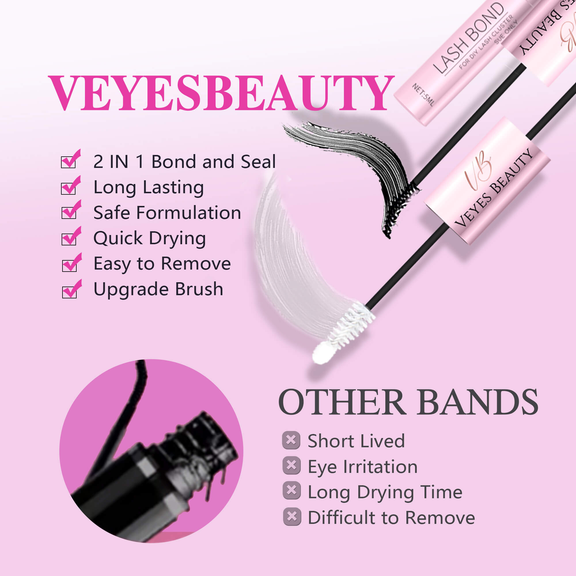 VEYESBEAUTY Lash Bond & Seal - Black 10ml Waterproof 2 in 1 Cluster Lash Glue for Eyelash Extensions Long Lasting Strong Hold Individual Makeup Cosmetic