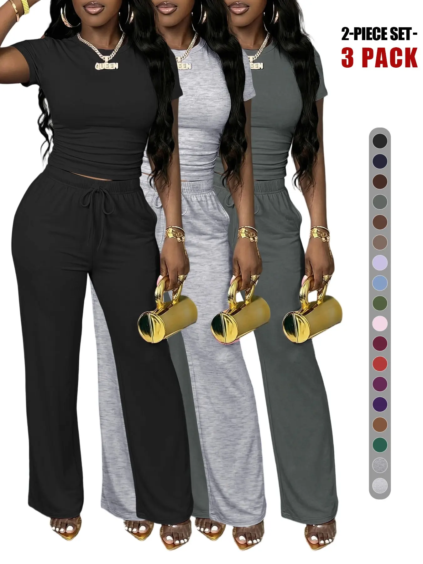 Women's Spring Summer Basic Casual Everyday Cozy Set, Summer Sets Casual, Round Neck Short Sleeve Top & Wide Leg Pants, Slim Fit Home Wear, 2 Piece Comfortable Outfit
