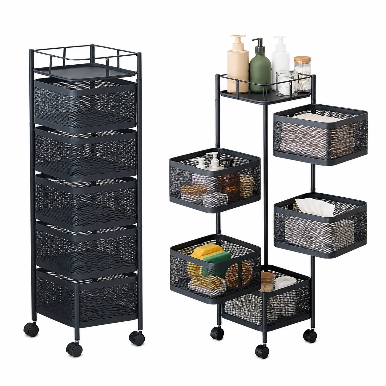 5-Tier Rotating Storage Cart - Carbon Steel Metal Organizer Wire Shelving Unit with Lockable Wheels. Square Utility Trolley Rack Space-Saving Bin for Kitchen Fruit Potato Onion Veggie Pantry Bathroom Shelf. No Assembly Foldable Rolling Carts