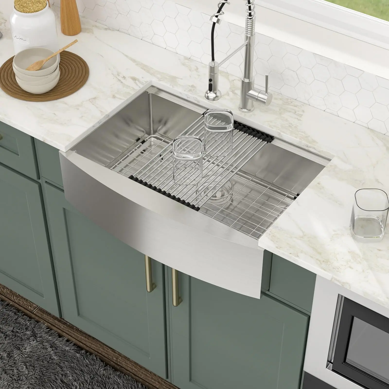 Logmey 30" Rustic Farmhouse Workstation Kitchen Sink - 16 Gauge Stainless Steel Rectangle Apron Front Deep Single Bowl with Flange, Anti-Condensation Paint, Drainage, Soundproofing, Drying Rack & Accessories for Kitchen Counter Remodel (30"l x21"w x9"h)