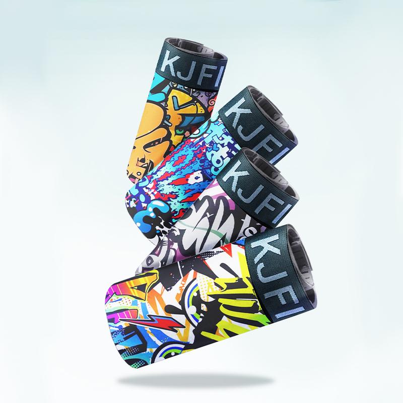 4-piece set of men's long printed boxer briefs, elastic and comfortable casual sports underwear, trendy graffiti-style prints, street style, breathable and thin fabric for sports, fitness, and daily wear Menswear Soft