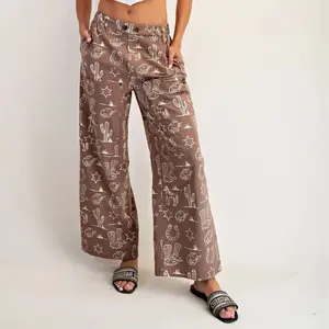 Rodeo Trails Pants - Western Cowboy Print Oversized Patch Pockets Stone-Washed Cotton Relaxed Straight-Leg Fit with Rivet Details
