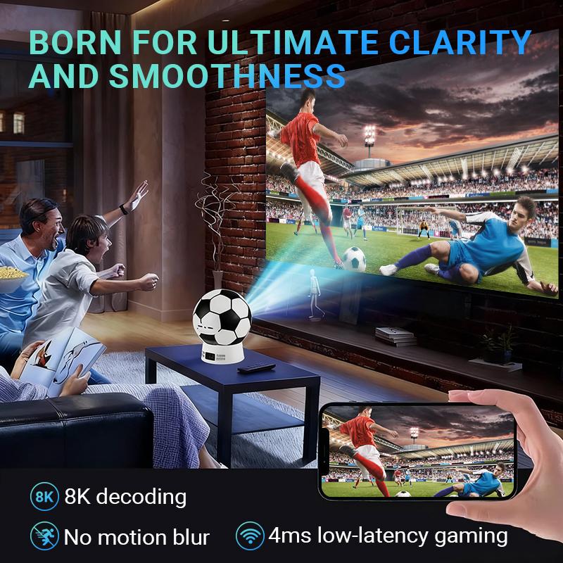 World Cup Soccer-Shaped Projector, Native 1080P Android 13 Smart Projector, 4K Support, 360° Rotation, Auto Keystone & Focus, WiFi 6, BT5.4, Portable Mini Projector for Home Theater, Outdoor Movies & Gaming