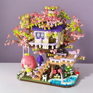 Cherry Blossom Tree House Building Block Villa Wooden Assembly Educational Toy with Detailed Floral Decor for Kids and Adults