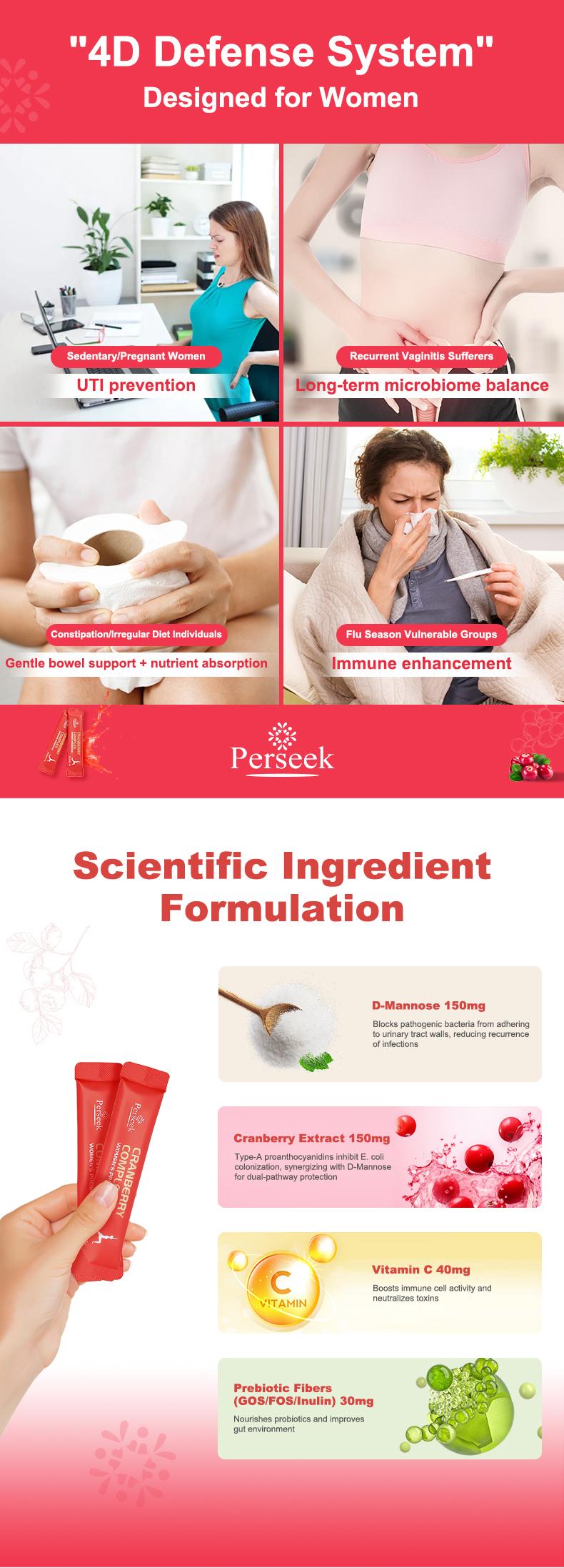 Perseek Women’s Probiotic Dietary Supplement - 50B CFUs + Cranberry - Natural Supplements for Intimate, Urinary and Digestive Support - 30 Packets