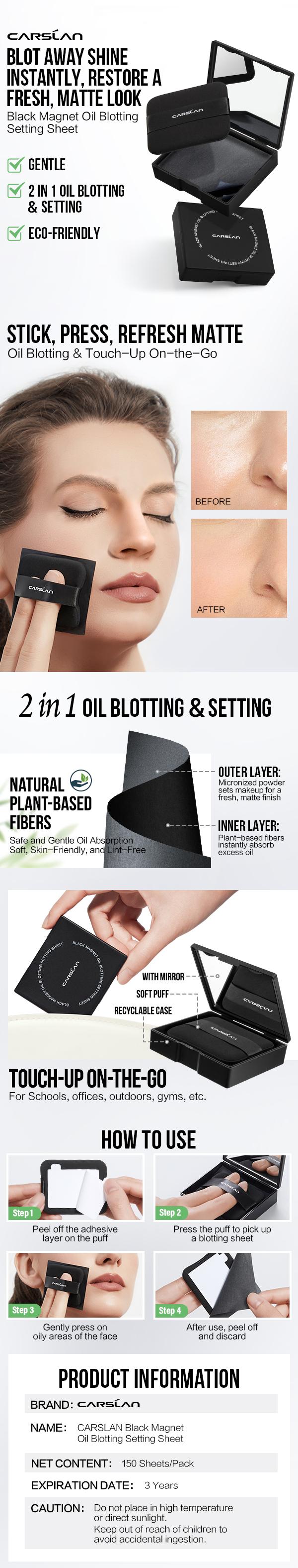 CARSLAN Summer Spray & Blot Set, Black Magnet Liquid Powder Makeup Setting Spray(100ml)+Oil Blotting Setting Sheet(150 Sheets) Duo–16HR Lockdown, Shine Control for Summer Makeup