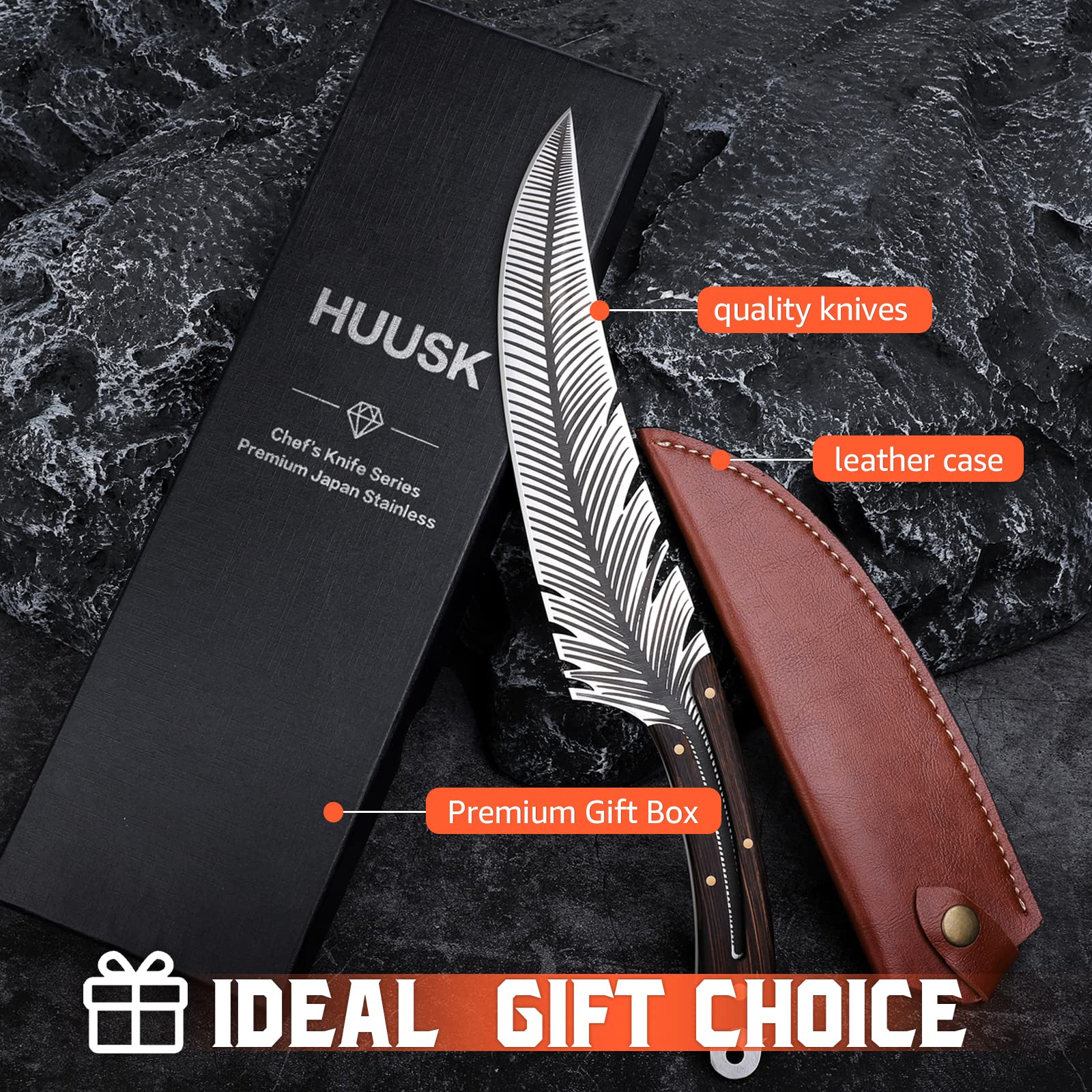 Huusk Feather Knife Hand Forged Boning Knife with Sheath for Meat Cutting and Outdoor Activities BlackFriday Gift– Perfect Father's Day  Gift!