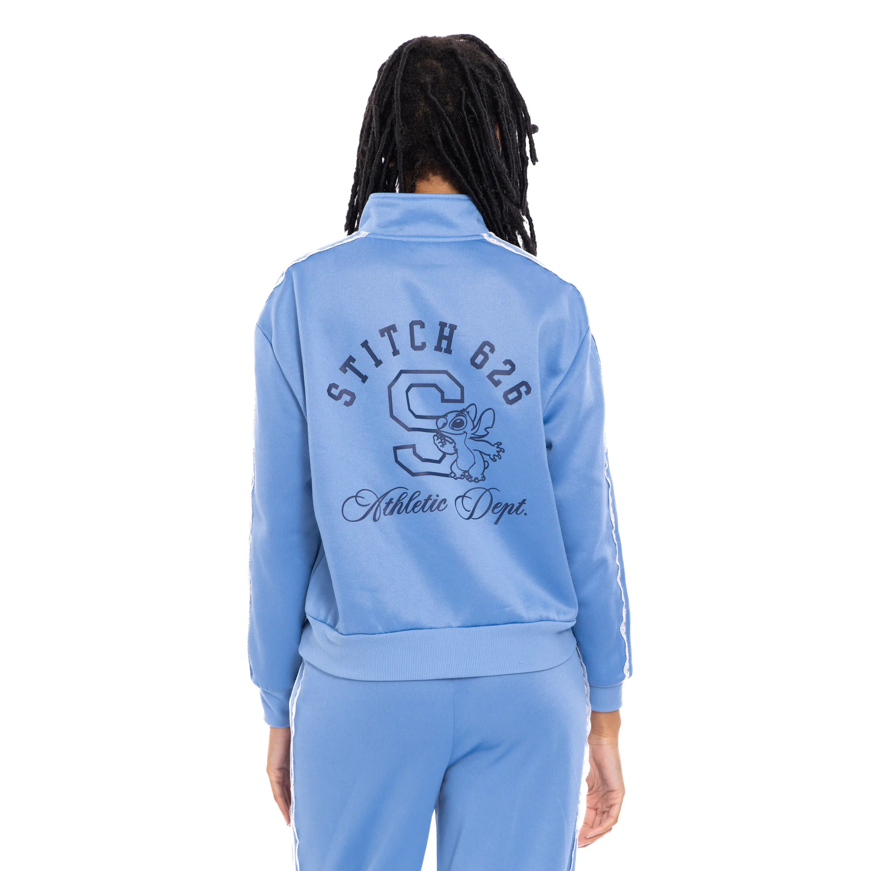Disney Lilo & Stitch Girls' Varsity Track Jacket, Long Sleeve Zip-Front Athletic Coat, Sporty Chic Light Blue Wear with Stitch Graphic, Textured, Lace-Like White Center, Sporty Dark Navy Lines, Unisex Fit, XS to 2XL Sizes, Lounging Ready