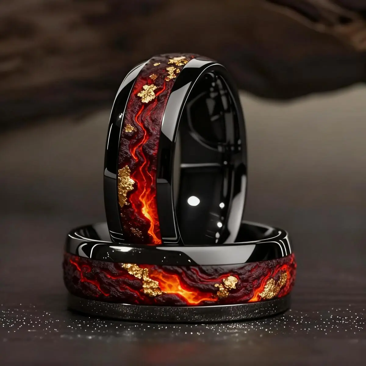 Fashion Black Men Stainless Steel Ring with Volcanic Lava and Golden Foil Pattern Inlay Rings for Men Wedding Jewelry Drop Ship