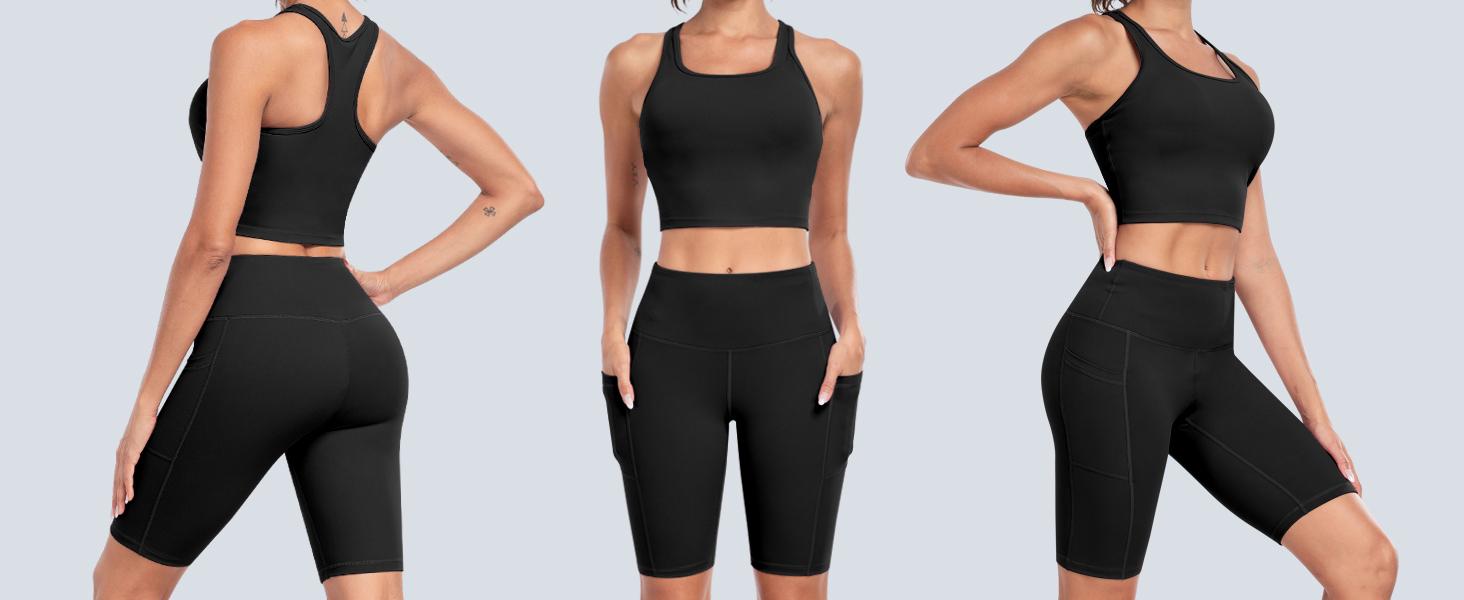 【Free 3-Day Shipping】2026 New 2-Piece Workout Set - Racerback Longline Sports Bra High Impact + Tummy Control Biker Shorts with 1 Waist Hidden Pocket & 2 Side Pockets – Women’s Yoga Out Activewear for Gym Running Training