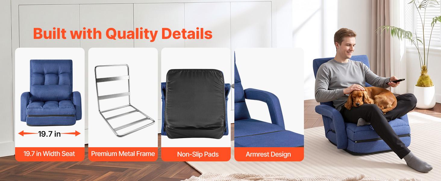 VEVOR Floor Chair, 5 Adjustable Positions Folding Floor Gaming Chair with Back Support, Armrests, and Cushion, Sturdy Metal Frame with Recycled Foam and Linen Fabric, for Reading, Relaxing, Dark Blue#BackToSchool