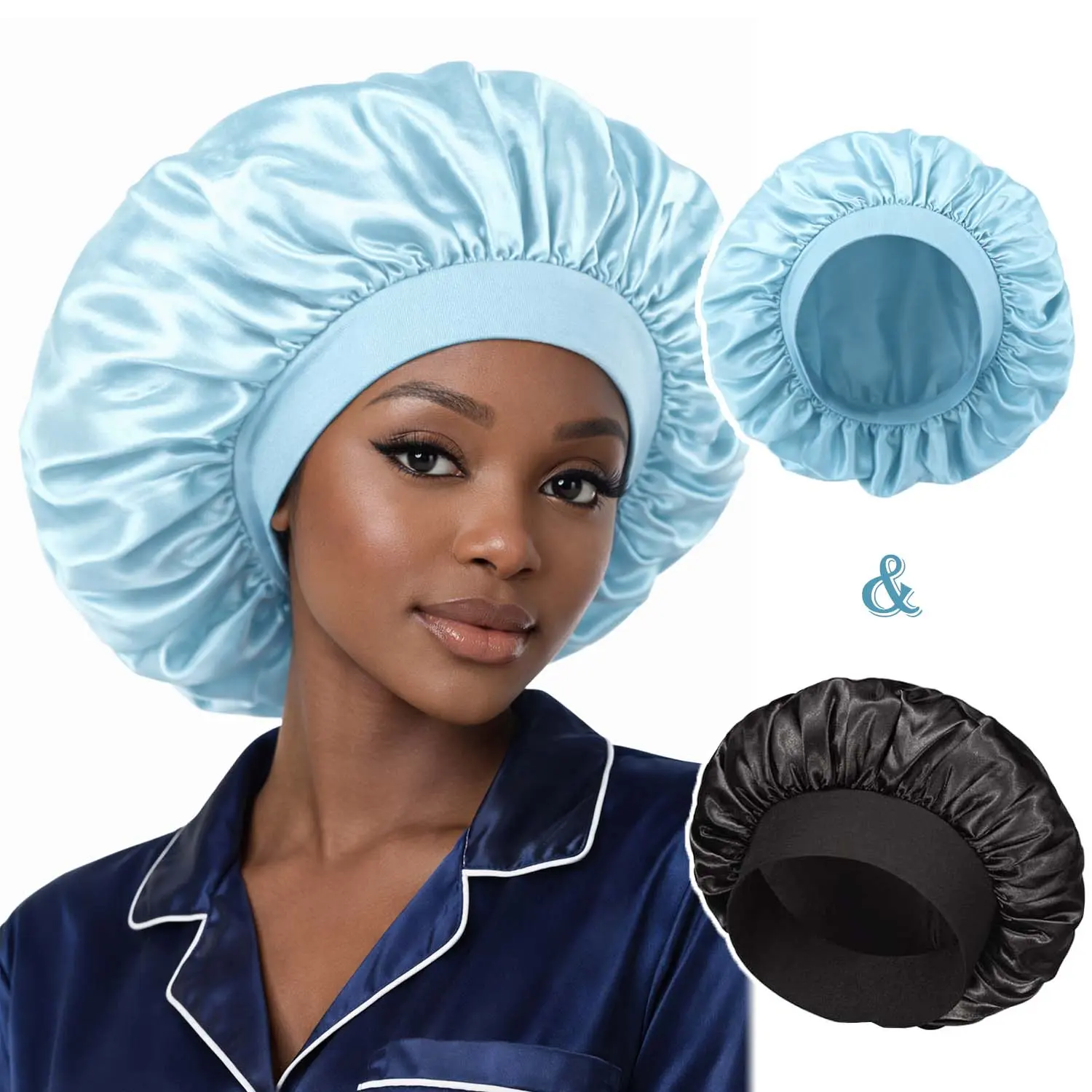 2Pcs Silk Satin Bonnets for Sleeping - Elastic Wide Band Wrap for Black Women Men,Silk Bonnets for Curly Hair,Large Hair Cap for Sleeping school gift Sleeping Bonnet Men's Layer Satin Bonnet satin adjustable strap Silky Smooth Daily