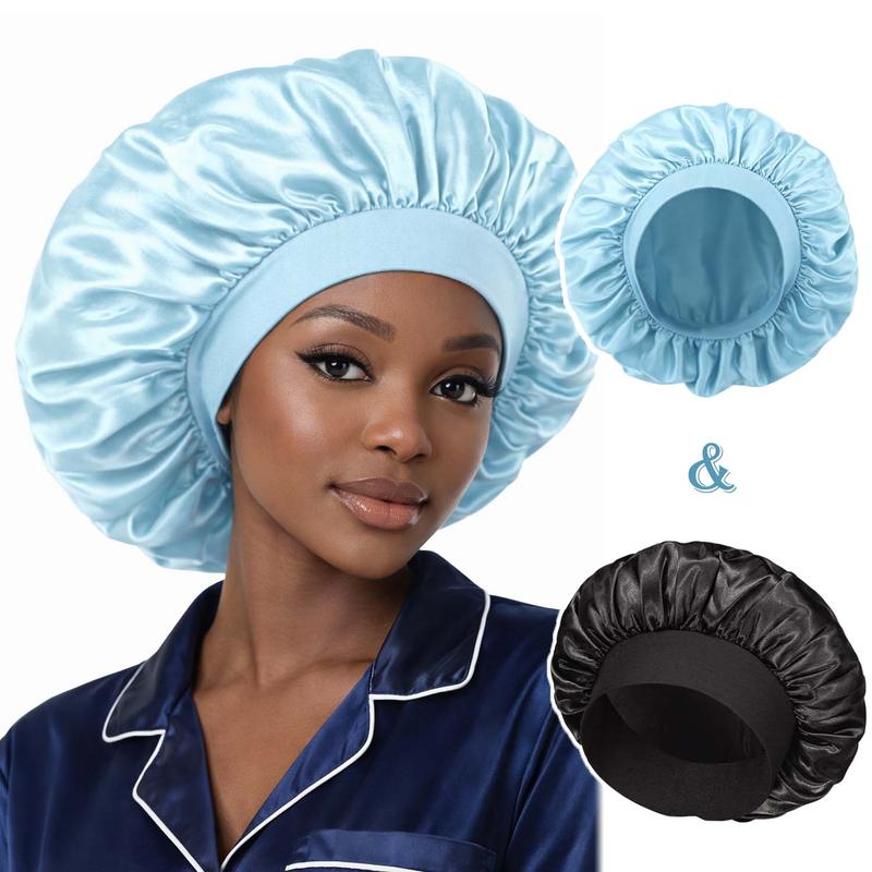 2Pcs Silk Satin Bonnets for Sleeping - Elastic Wide Band Wrap for Black Women Men,Silk Bonnets for Curly Hair,Large Hair Cap for Sleeping school gift Sleeping Bonnet