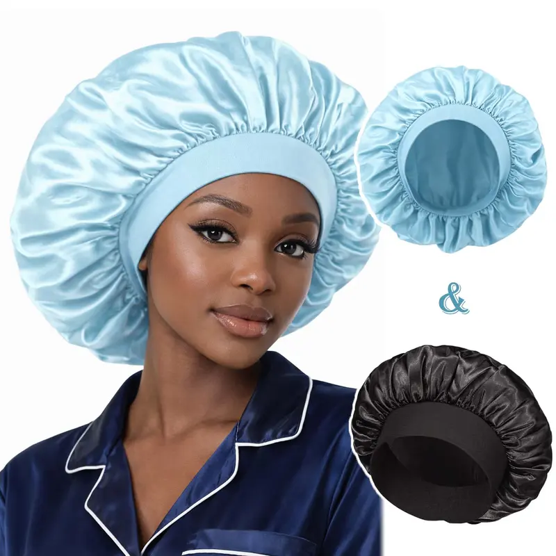 2Pcs Silk Satin Bonnets for Sleeping - Elastic Wide Band Wrap for Black Women Men,Silk Bonnets for Curly Hair,Large Hair Cap for Sleeping school gift Sleeping Bonnet