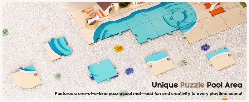 BIERUM Large Modern Wooden Dollhouse with 49Pcs Furniture, Dolls & Pets，DIY Puzzle Pool & Yard, Ideal Gift for Boys & Girls 3+