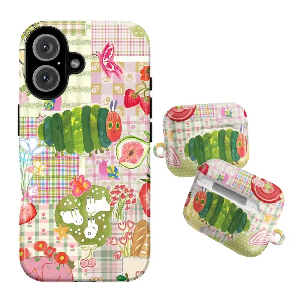 Cute Caterpillar and Fruit Collage Phone Case – Pastel Plaid Background with Strawberries, Flowers, Bread, and Whimsical Animals – Colorful Vintage Aesthetic – Fits iPhone 7 to 17 Pro Max, Samsung Galaxy S21 to S24