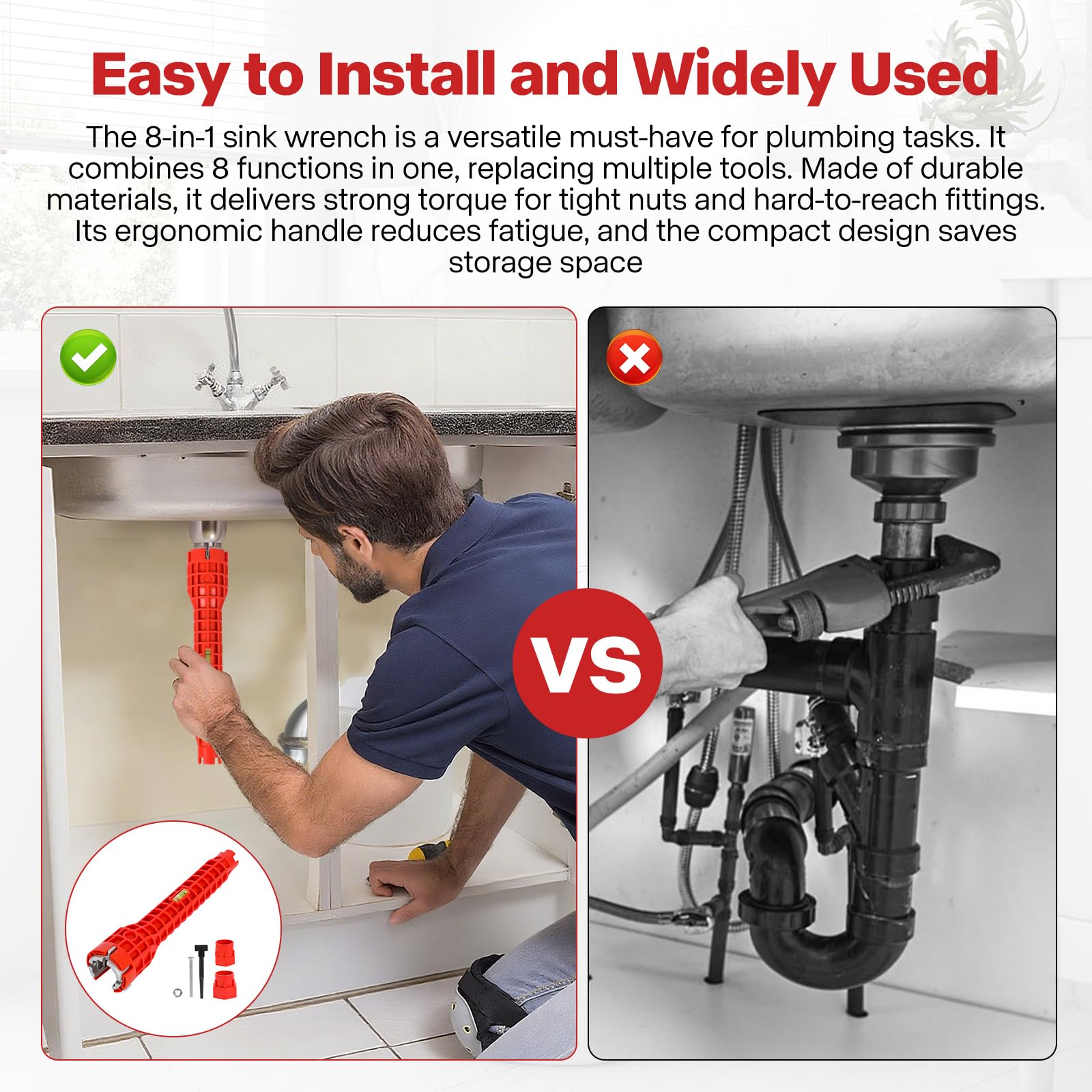 Alocre 8 in-1 Multifunctional Sink & Faucet Installer Wrench - Plumbing Tool for Bathroom/Kitchen Toilet Pipe Repair & Installation (Red)