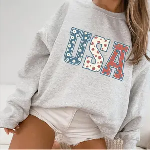 USA Retro Floral Sweatshirt, Vintage Aesthetic Style Distressed Lettering Unisex Crewneck Patriotic Pullover American Apparel USA Shirt, Womenswear