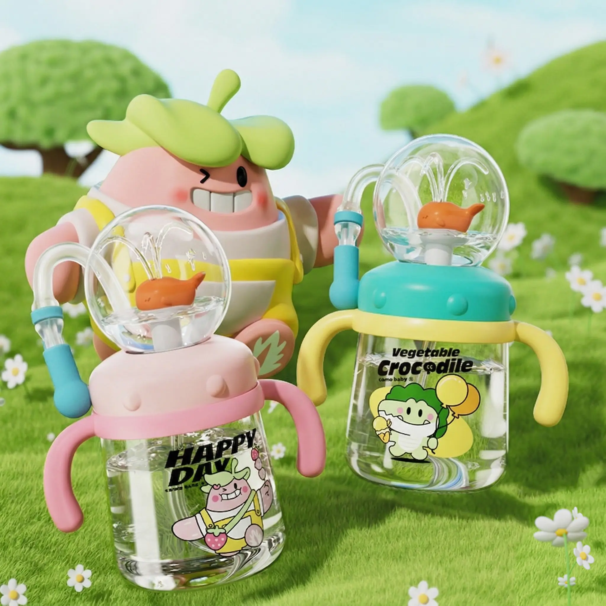 【COMOBEBE】10oz Spill-Proof Tritan Rocket Ship & Whale Fountain Sippy Cup – BPA-Free, Soft Straw, Fun Spray Design, Dishwasher Safe