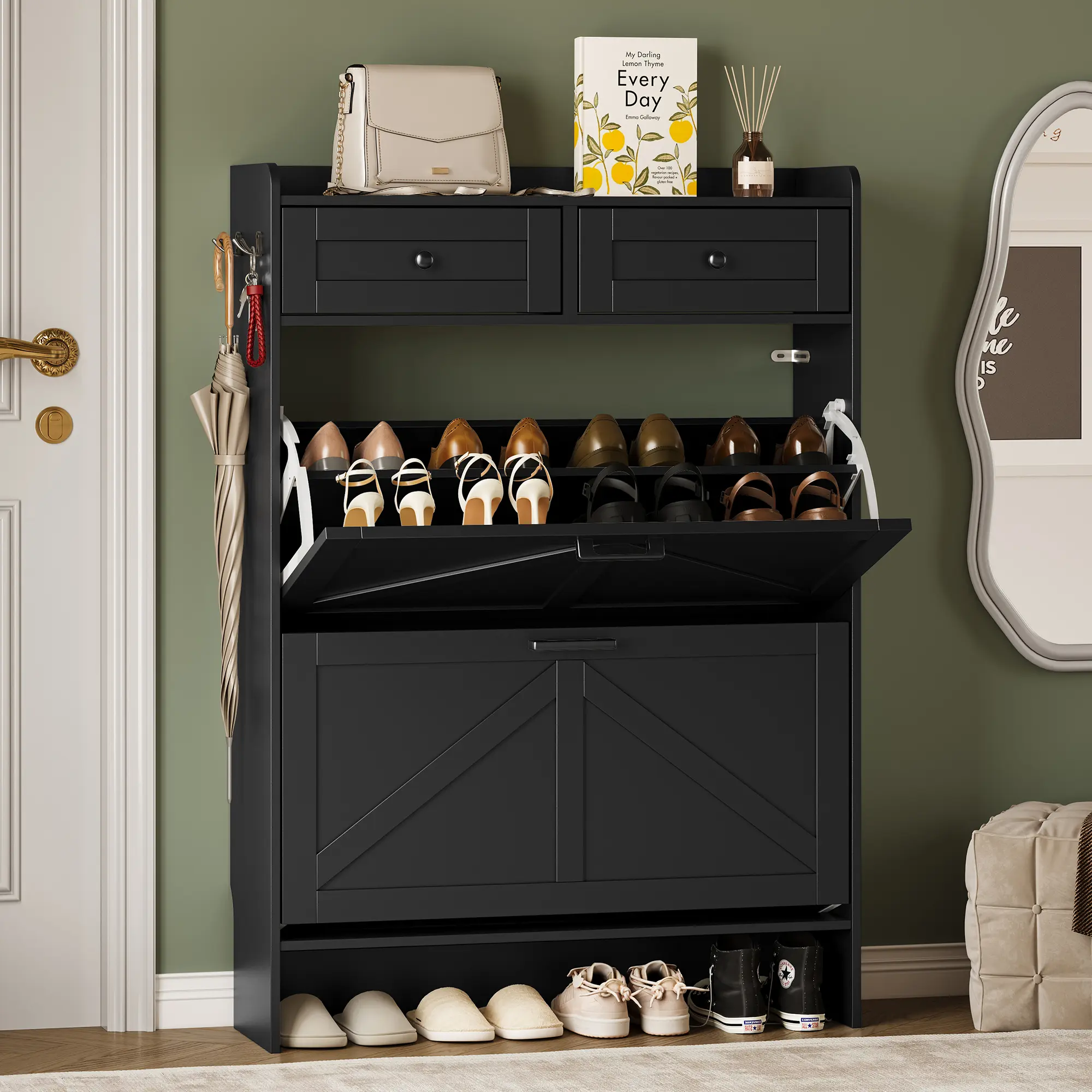 Shoe Storage Cabinet for Entryway, Farmhouse Narrow Shoe Cabinet with 2 Flip Drawers & Top Drawers, Adjustable Shelves & Hooks, Freestanding Hidden Rack Organizer for Hallway, Foyer Footwear Organization fathers day gift ideas,dorm essentials,home decor