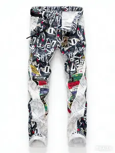 Men's License Plate & Money Print Jeans All Over Print Streetwear Denim Pants | US Fashion Slim Fit Trousers Retro Straight Leg Men's Jeans  Menswear Trendy Cross men boot cut stylish chicago Distressed patchwork old navy selvedge denim baggy jeans
