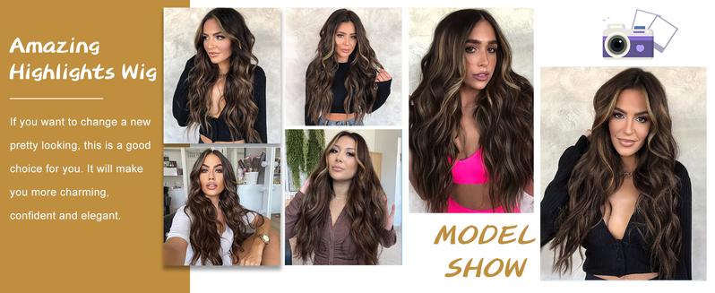 AISI HAIR 26inch Long Wavy Wig Highlights Color Synthetic Curly Middle Part for Women - Heat Resistant, Daily Party Use, Brown Mixed Blonde